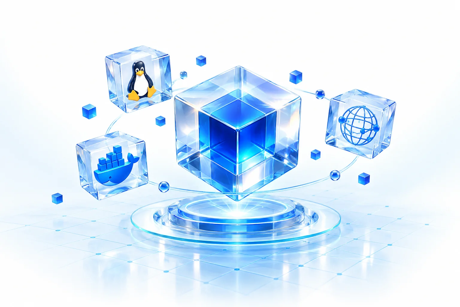 蓝色玻璃方块构成的 Linux、Docker 与网络技术世界